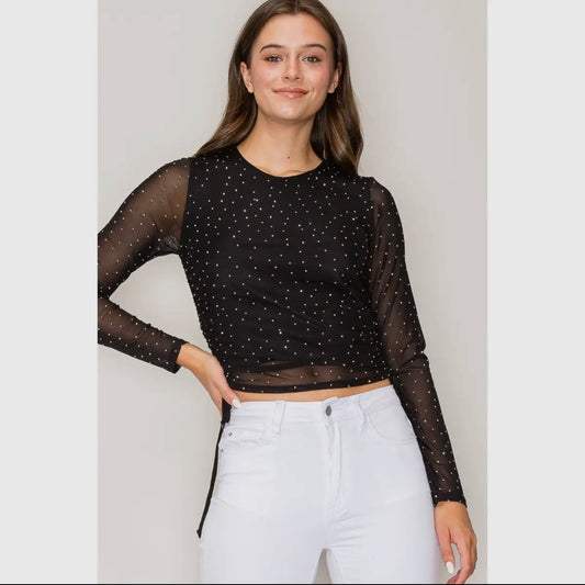 Rhinestone drawstring cinched mesh long sleeve top