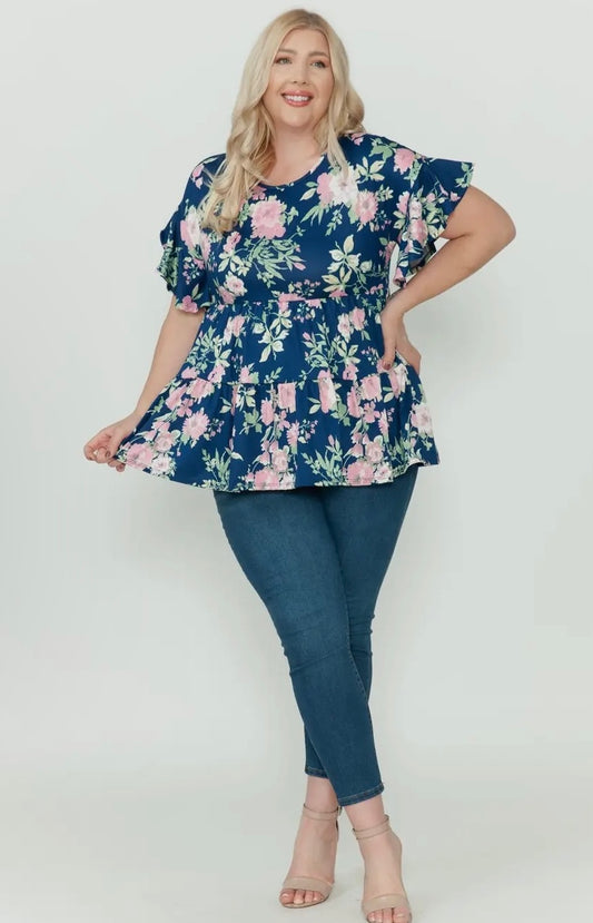 Plus size floral tiered ruffle baby doll top