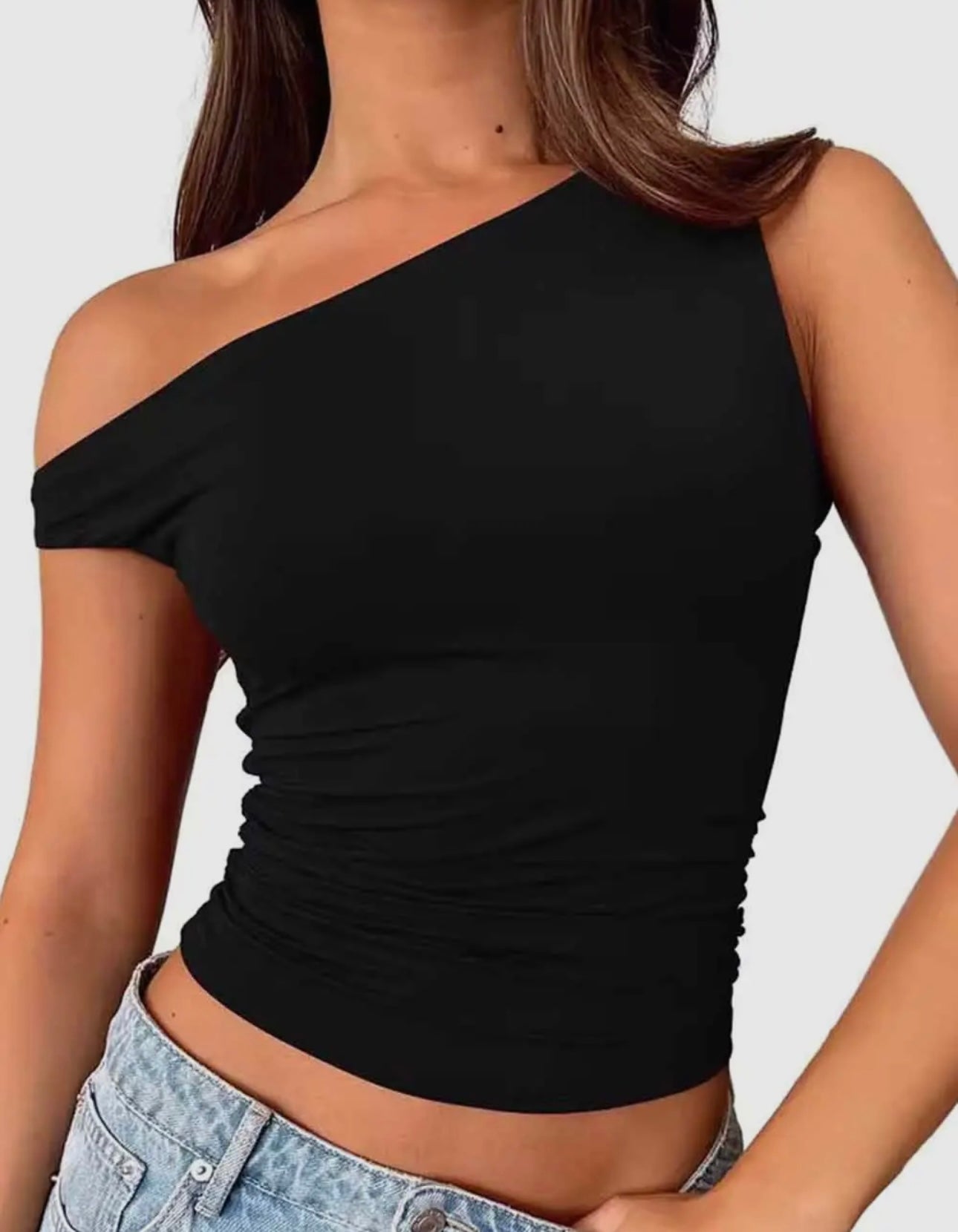 Solid color ruched one side shoulder short sleeve top