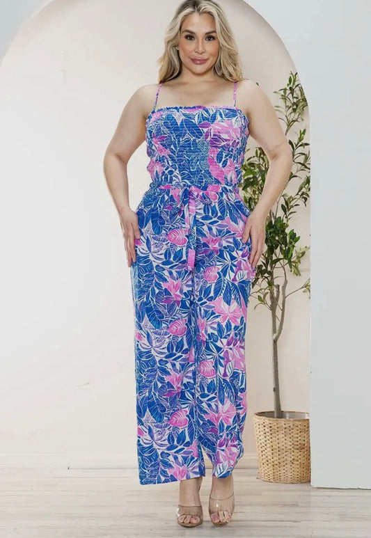 Plus size sleeveless smocked summer jumpsuit