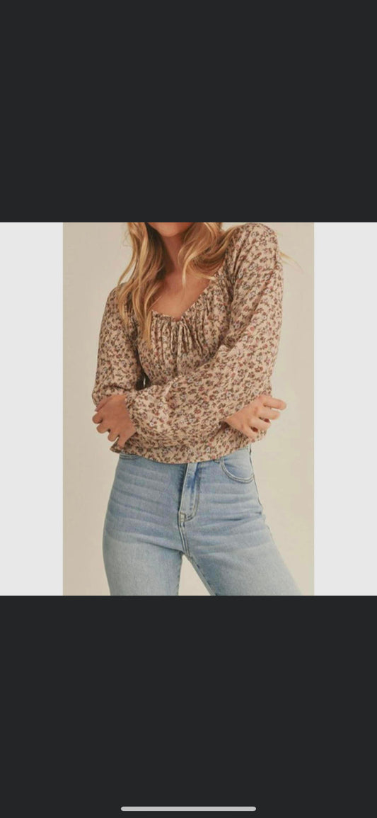 Floral print long sleeve peasant woven top