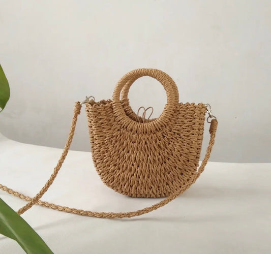 Single shoulder crossbody rattan woven straw bag