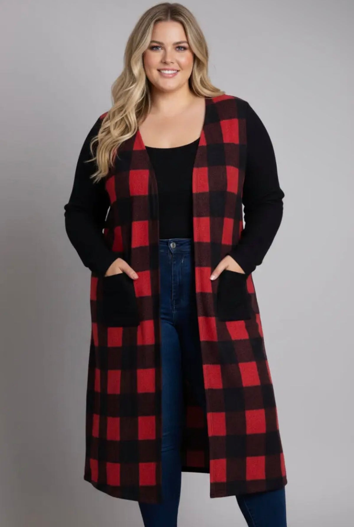 Plus size contrast throw on plaid cardigan