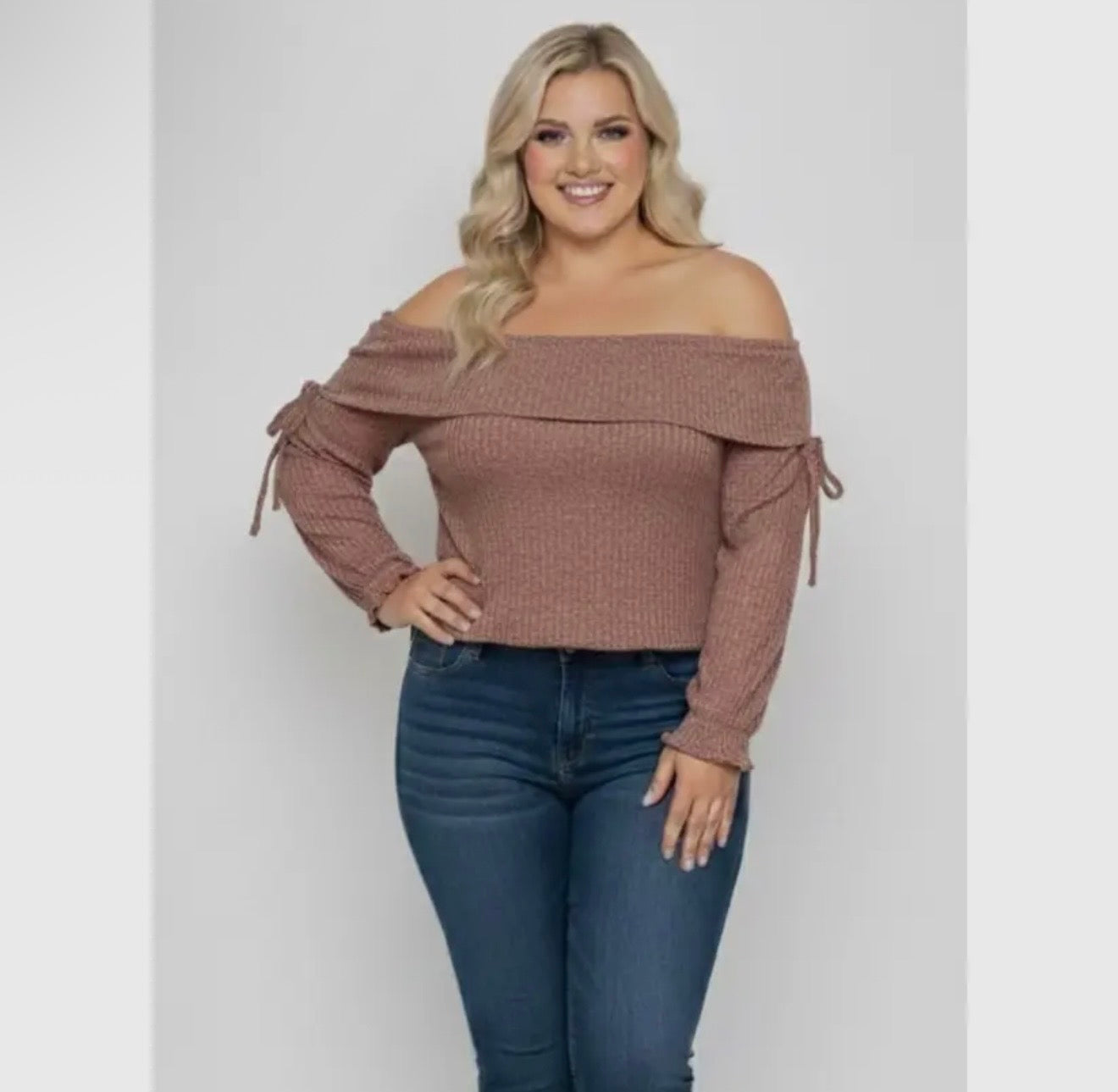 Plus size off shoulder side ruched love sleeve knit top