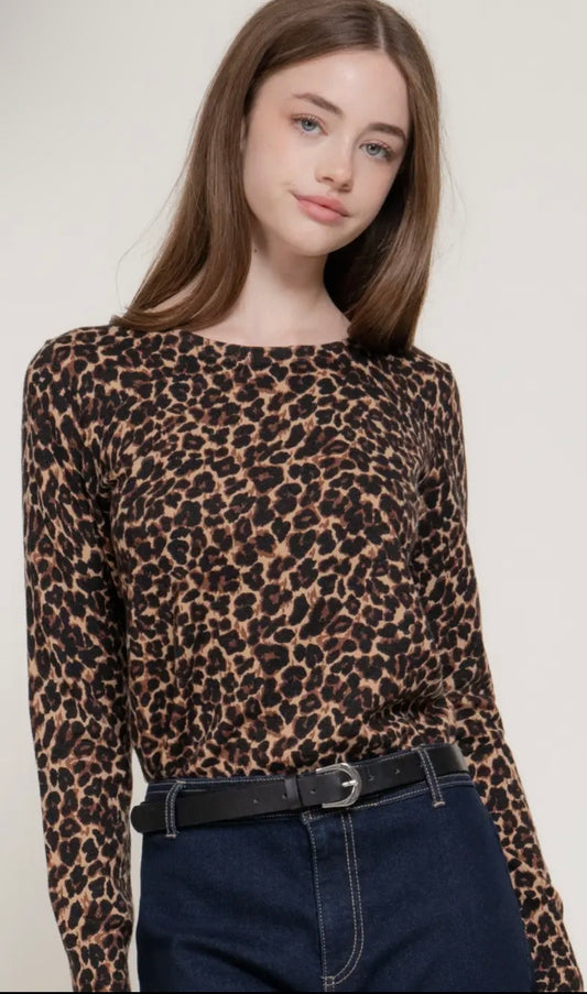 Long sleeve crew neck leopard print sweater