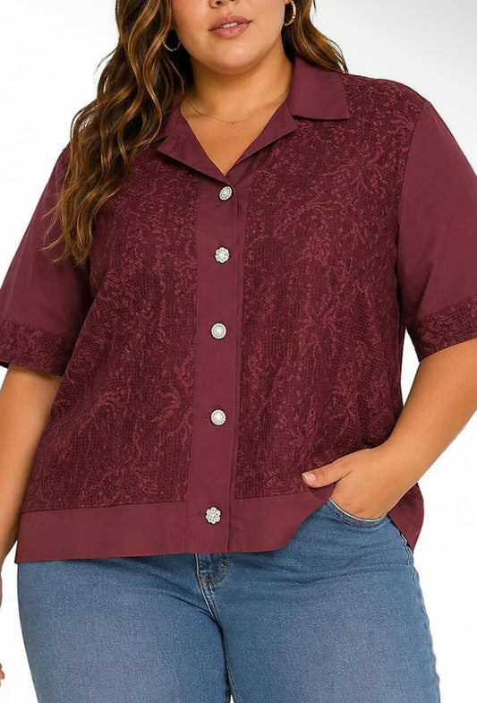 Short sleeve button up floral lace detailed blouse