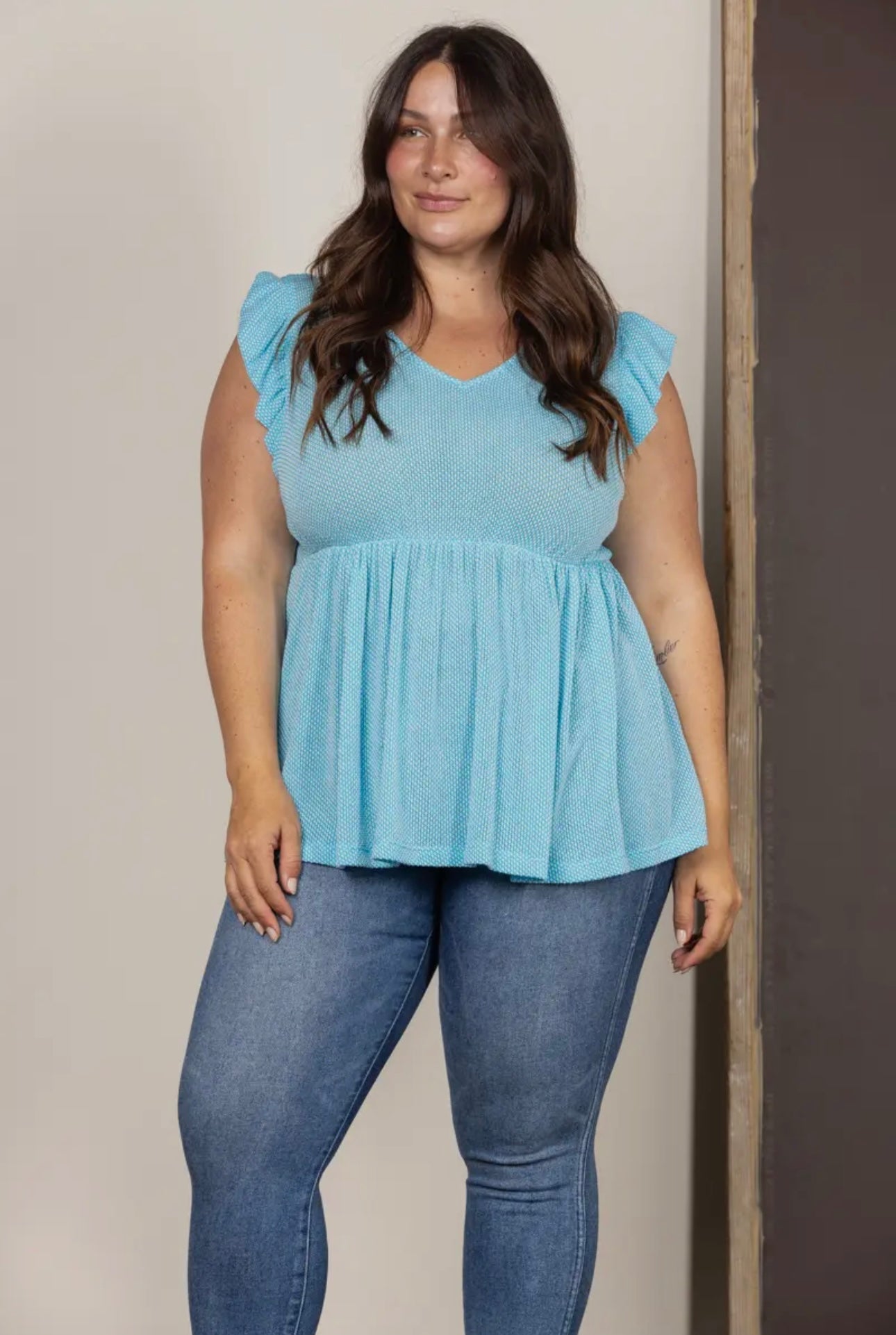 Blue babydoll short sleeves knit plus size top