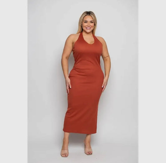 Plus size rib knit halter neck dress