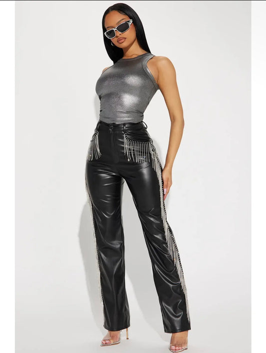 Studs fringe detailed pu leather wide leg pants