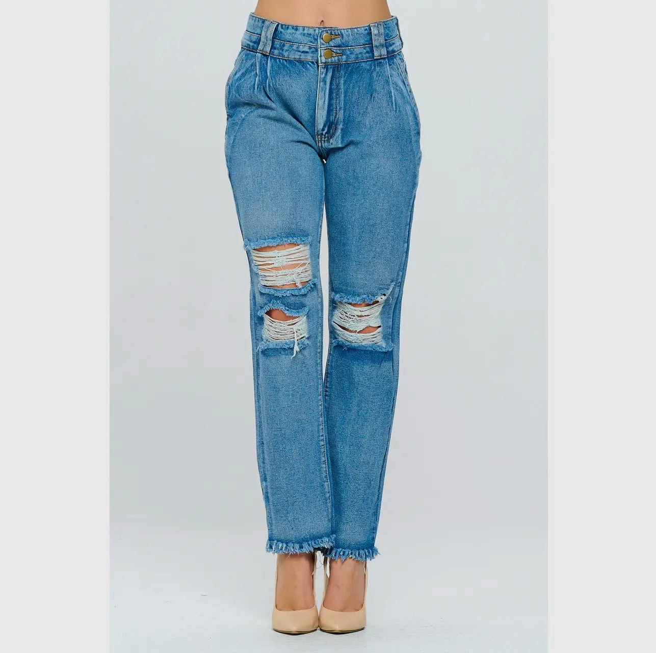 Fringe high rise mom jeans double waistband