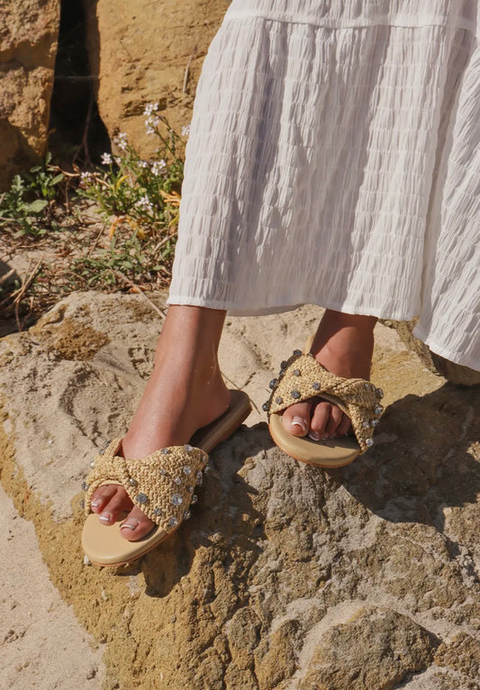 Raffia beaded slide sandals - Mediterranean style