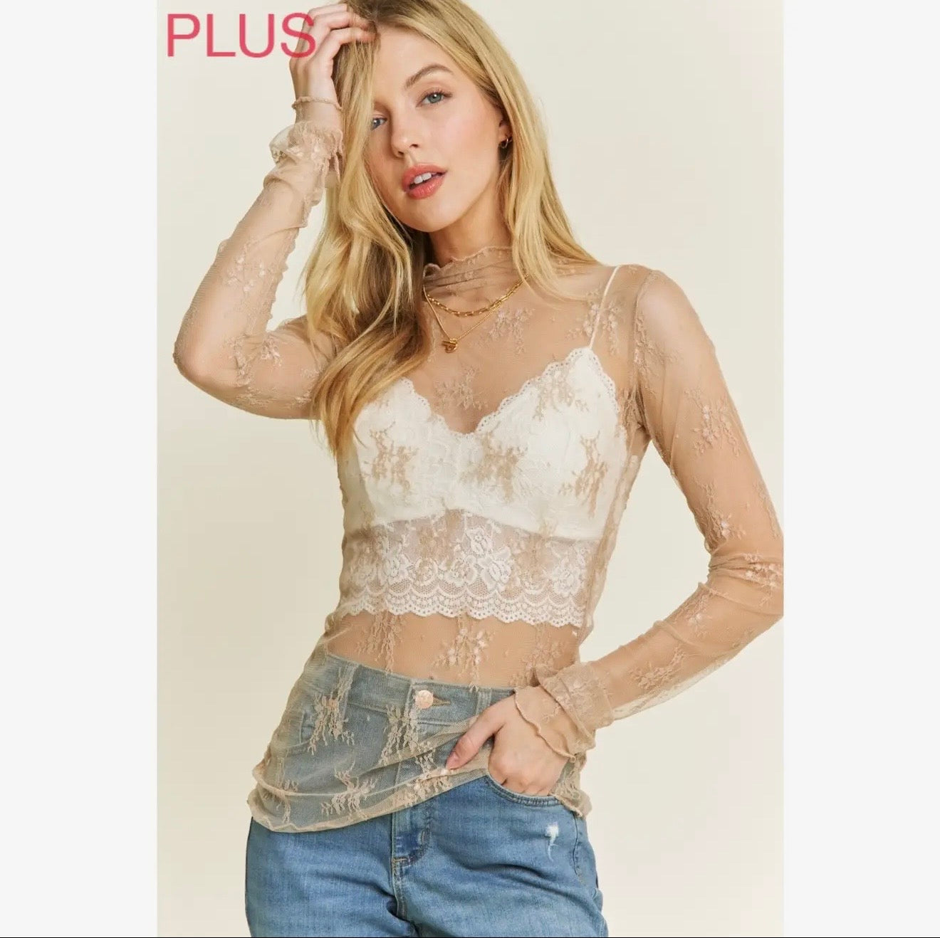 Plus mesh lace high neck design long sleeve fitted top