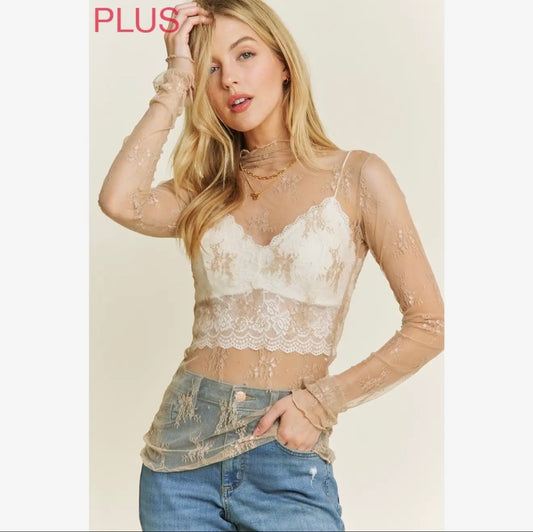 Plus mesh lace high neck design long sleeve fitted top