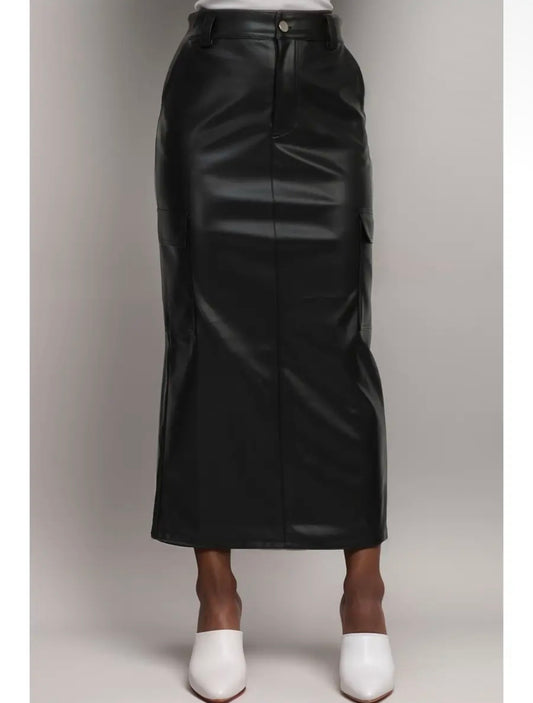 Faux leather long cargo skirt
