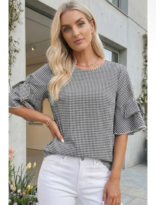 Plaid bow bell sleeve round neck top