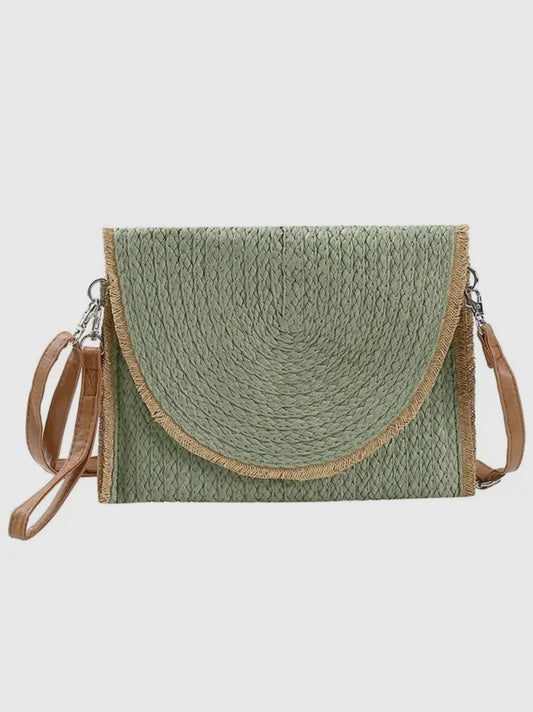 Frayed trim two tone straw clutch crossbody bag