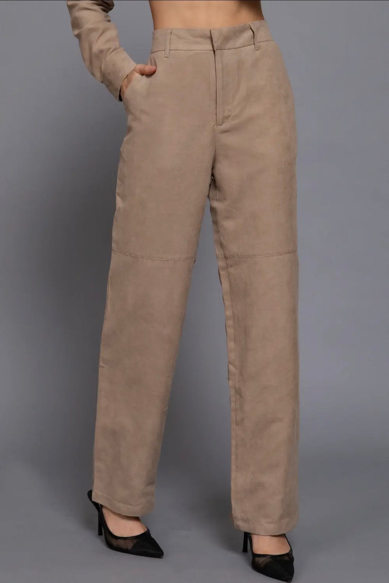 Faux suede straight leg woven pants