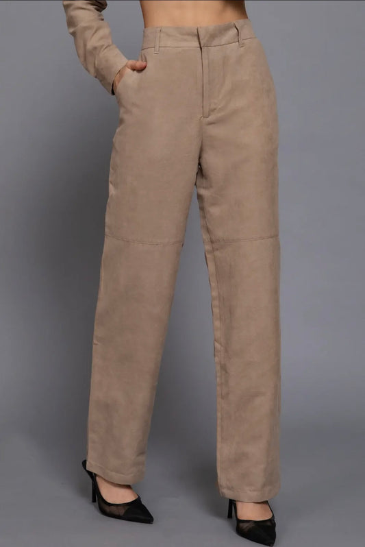 Faux suede straight leg woven pants