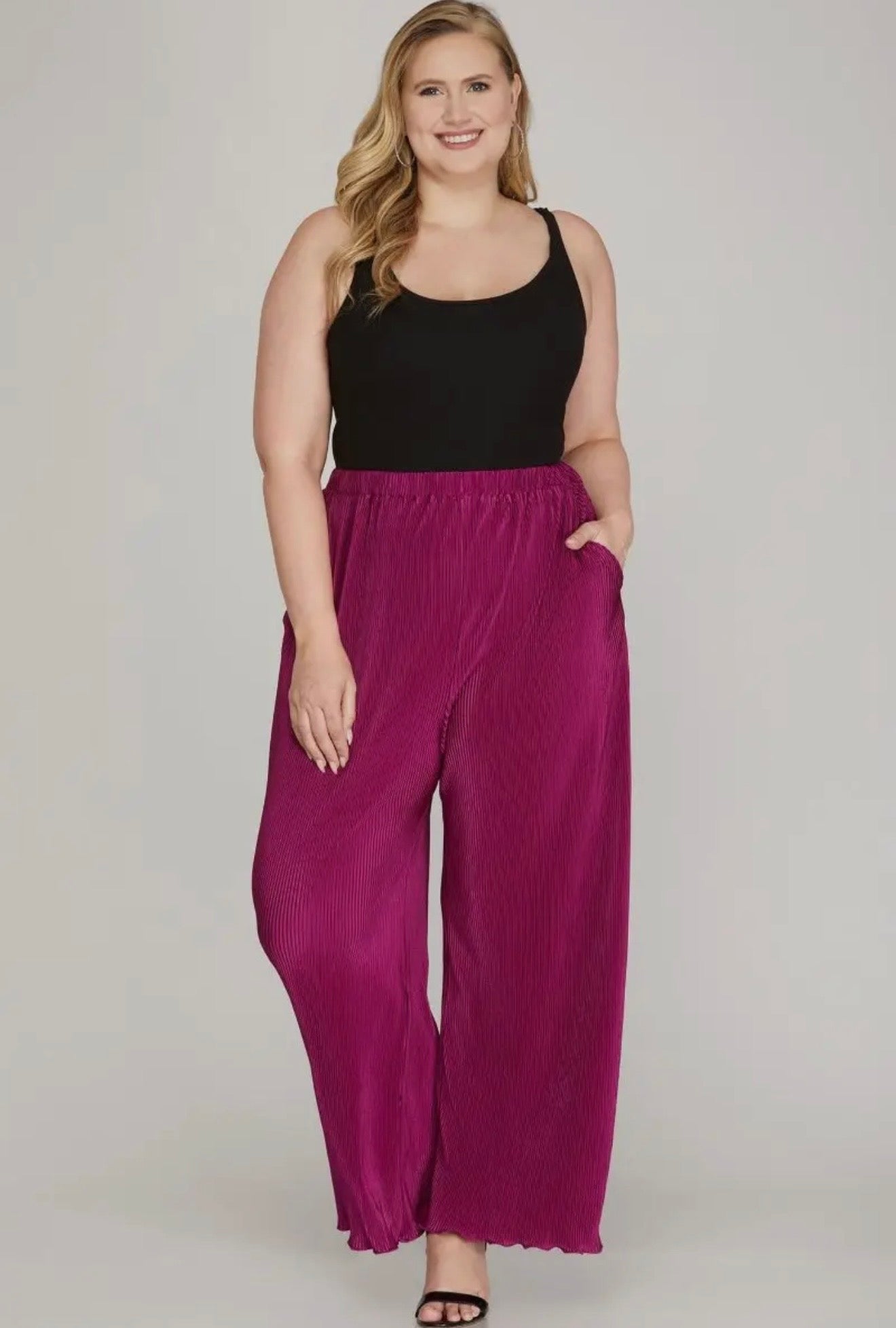Magenta elastic waist with pockets wide leg pants