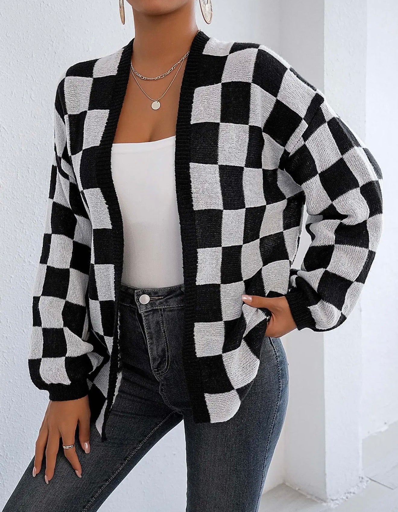 Plaid color block open cardigan sweater