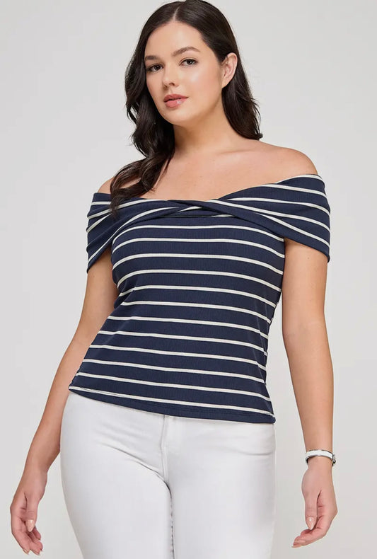 Plus size striped crossover off the shoulder top