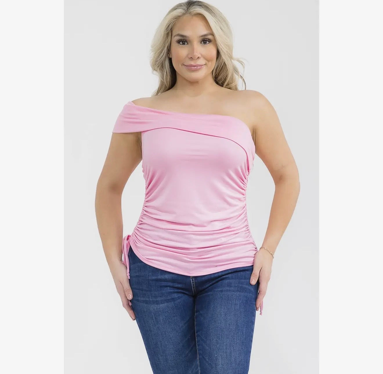 Plus size one shoulder side, ruched detailed top