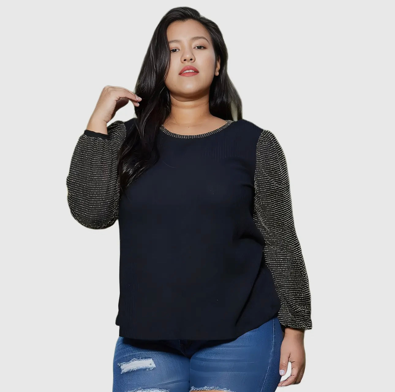 Pleione plus size ribbed round neck glitter top