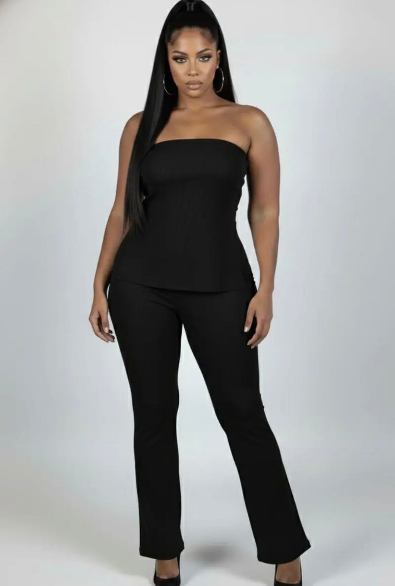 Plus ribbed slit tube top and high waist flare pants set