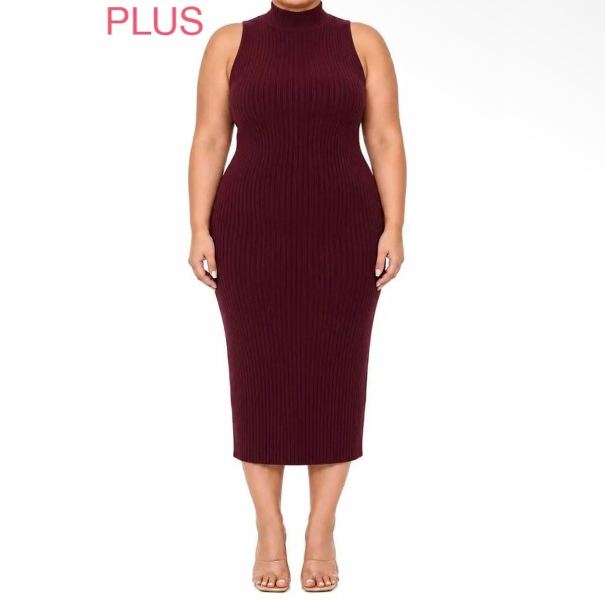 Plus mock neck ribbed midi bodycon dress