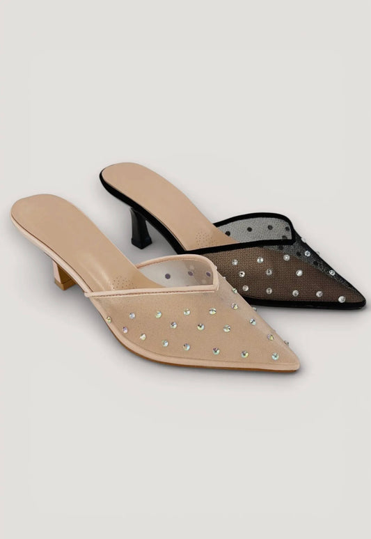 Sleek pointed toe sheer mesh upper slip on mule kitten heel