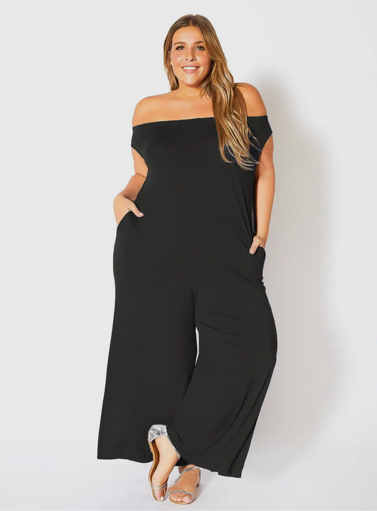 Plus size off shoulder wide leg jumpsuit