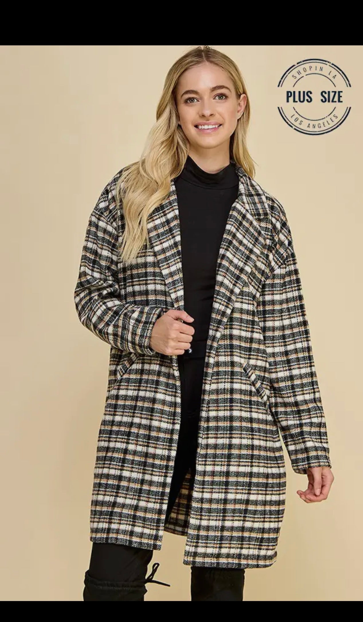 Plus check your pattern long sleeve open front knit coat