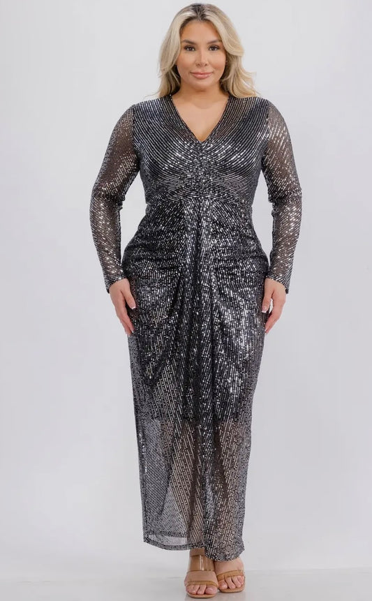 Sequin v neck lined ruched front long sleeve maxi