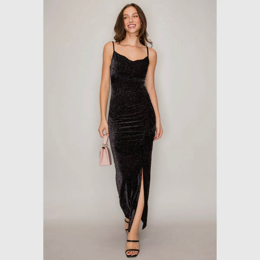 Glitter velvet cowl neck maxi dress