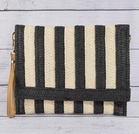 Two tone striped straw clutch bag