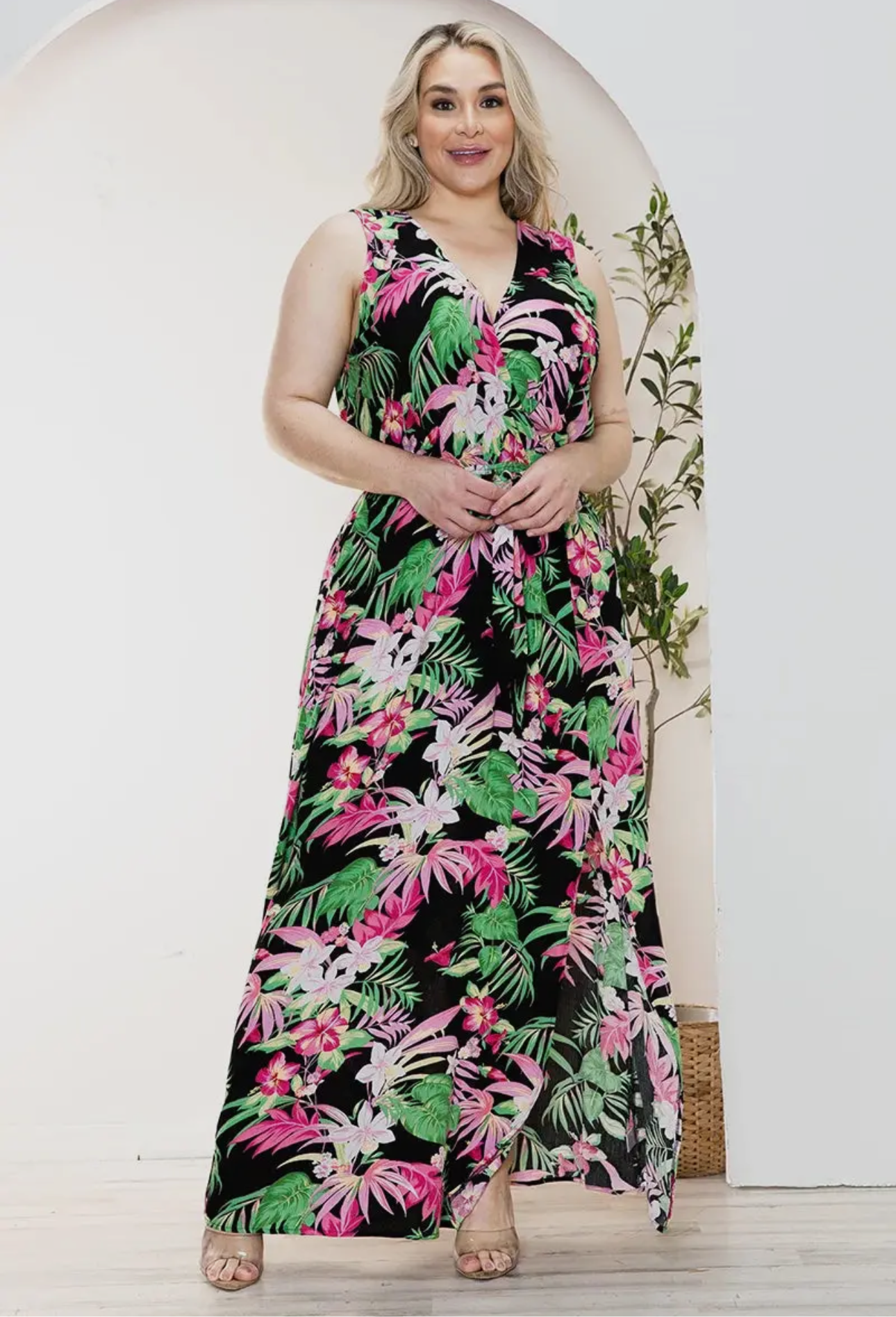 Plus size floral wrap front slit maxi dress
