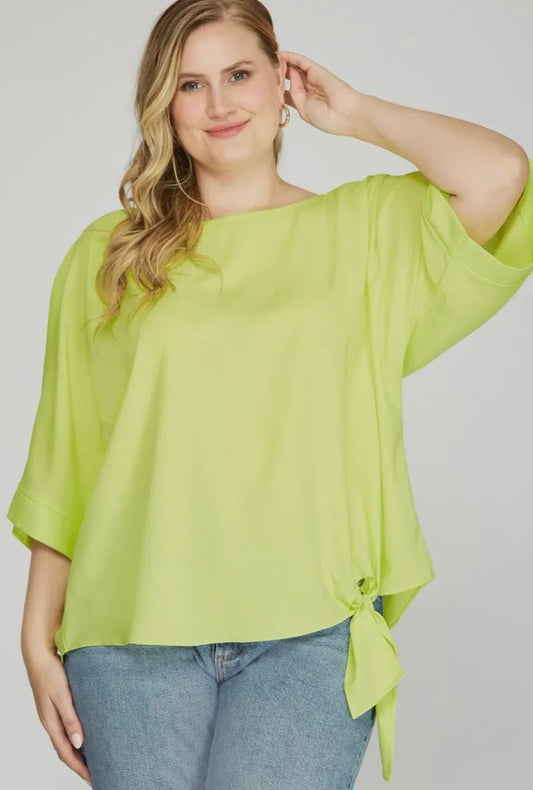 Plus size lime kimono sleeves side tie detail top