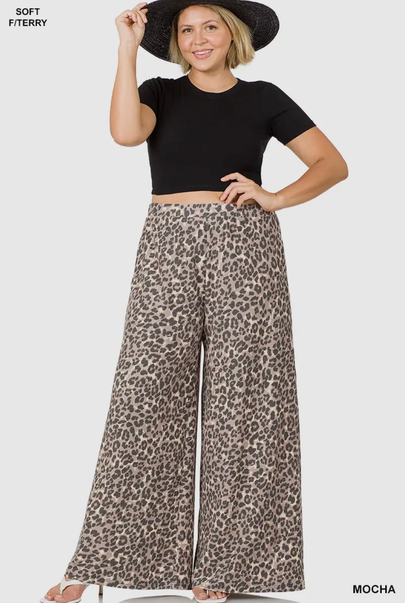 Plus size soft French terry leopard wide leg pants