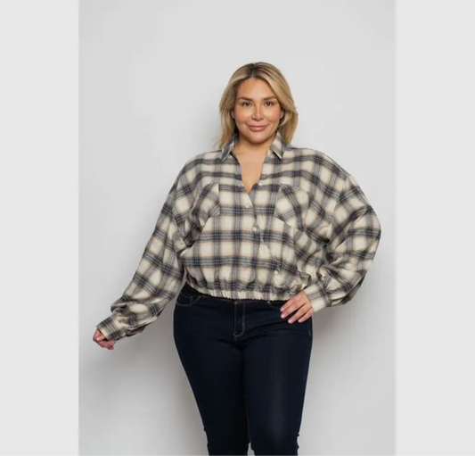 Plus size plaid collared surplice elastic waist long sleeve