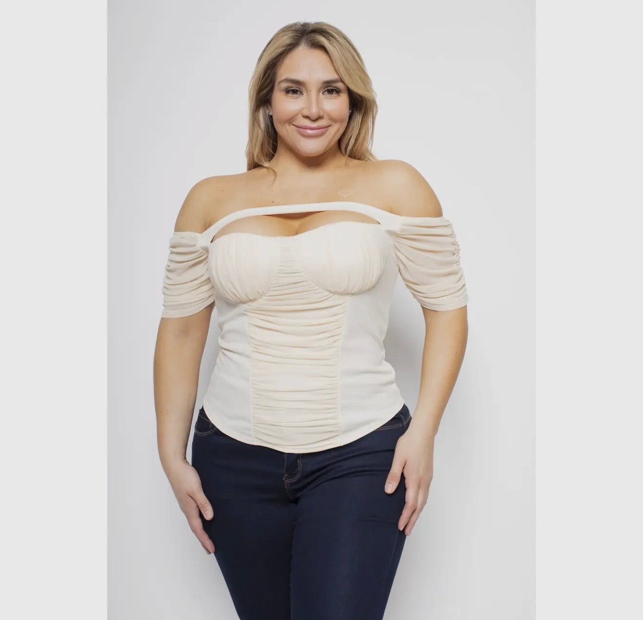 Plus size cut out ruched off shoulder mesh top