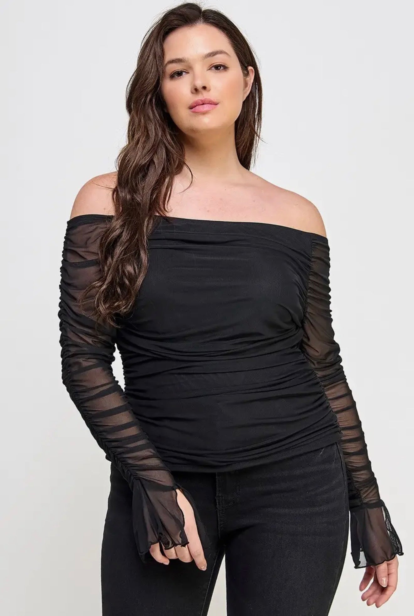 Plus size over the shoulder ruched mesh top