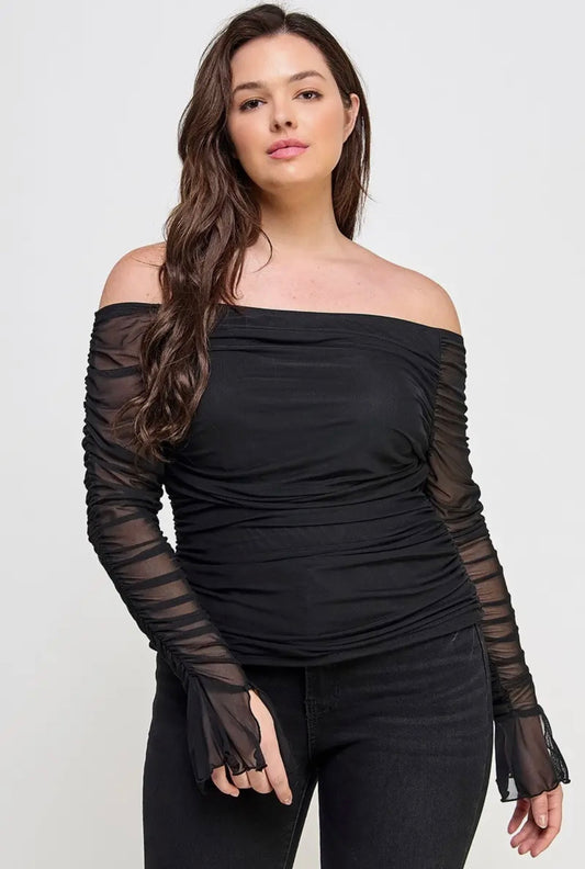 Plus size over the shoulder ruched mesh top