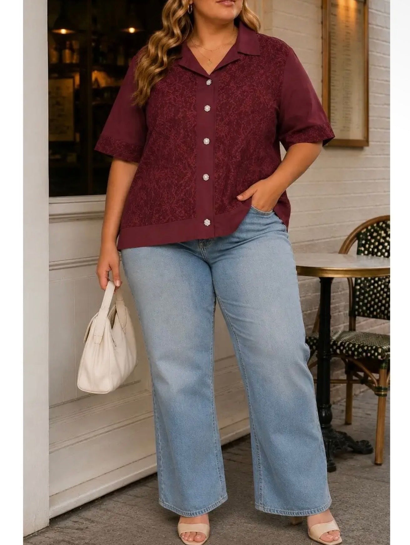 Short sleeve button up g floral lace detailed blouse