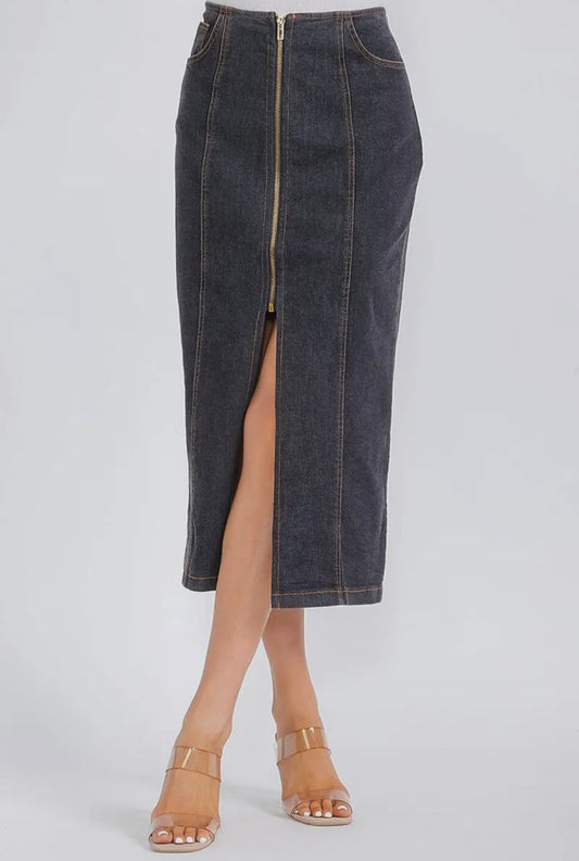 Zip up pockets denim midi pencil skirt