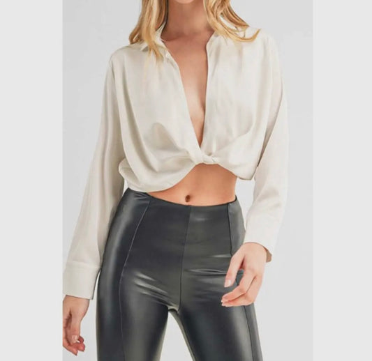 Satin long sleeve twist hem blouse