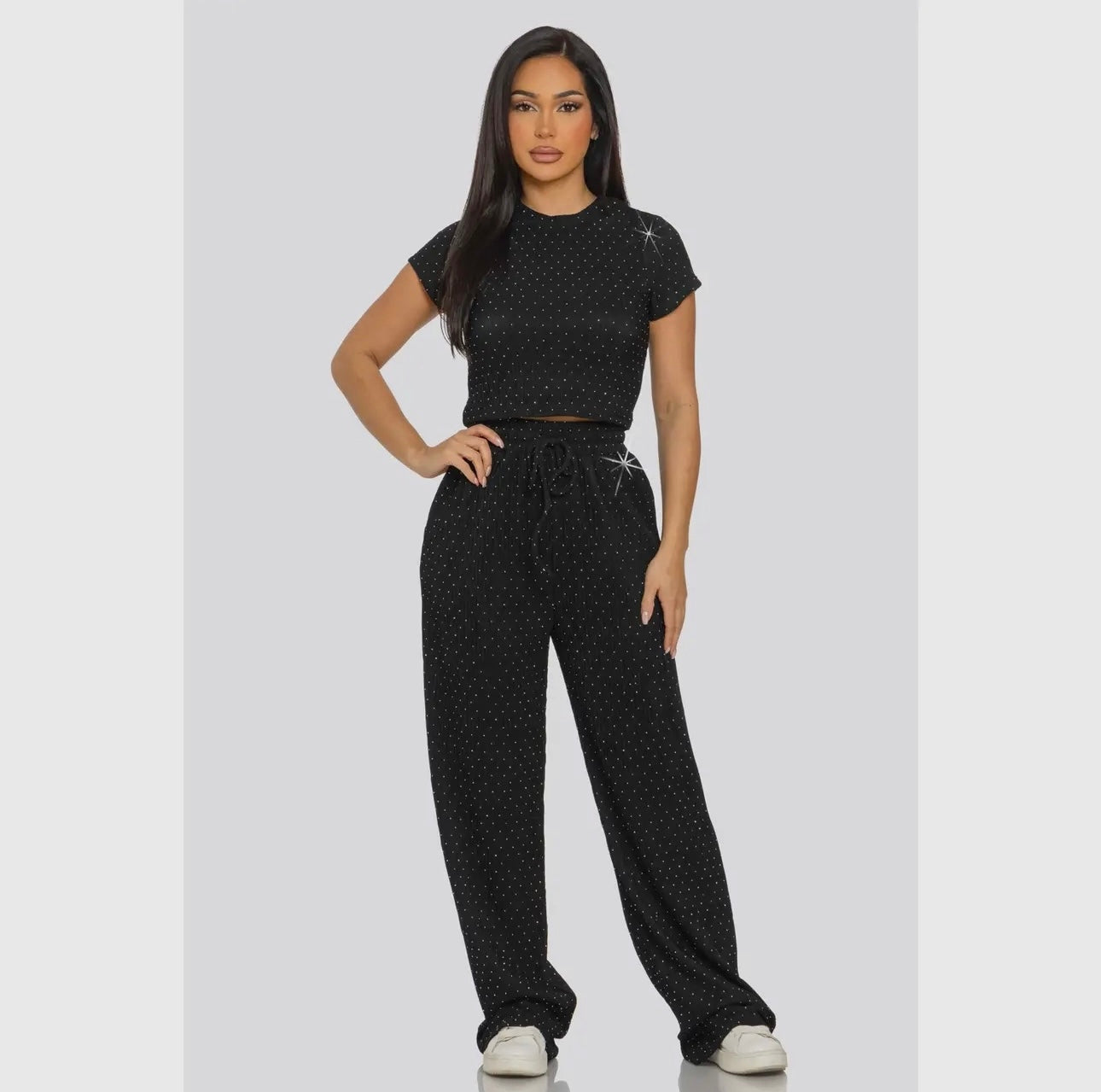 Rhinestone crop top and wide leg pant set
