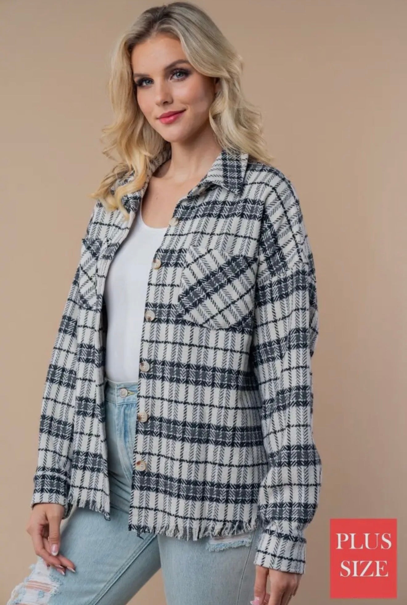 Button down plus size plaid woven SHACKET