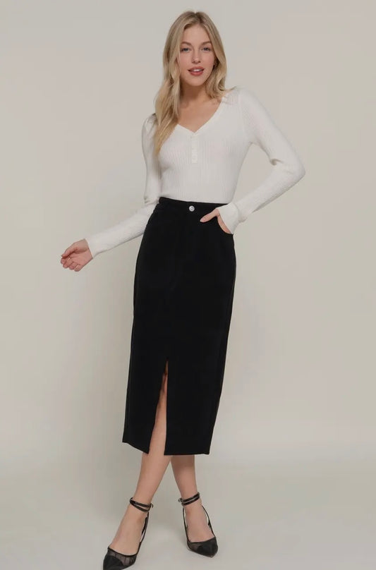 Front slit corduroy midi skirt