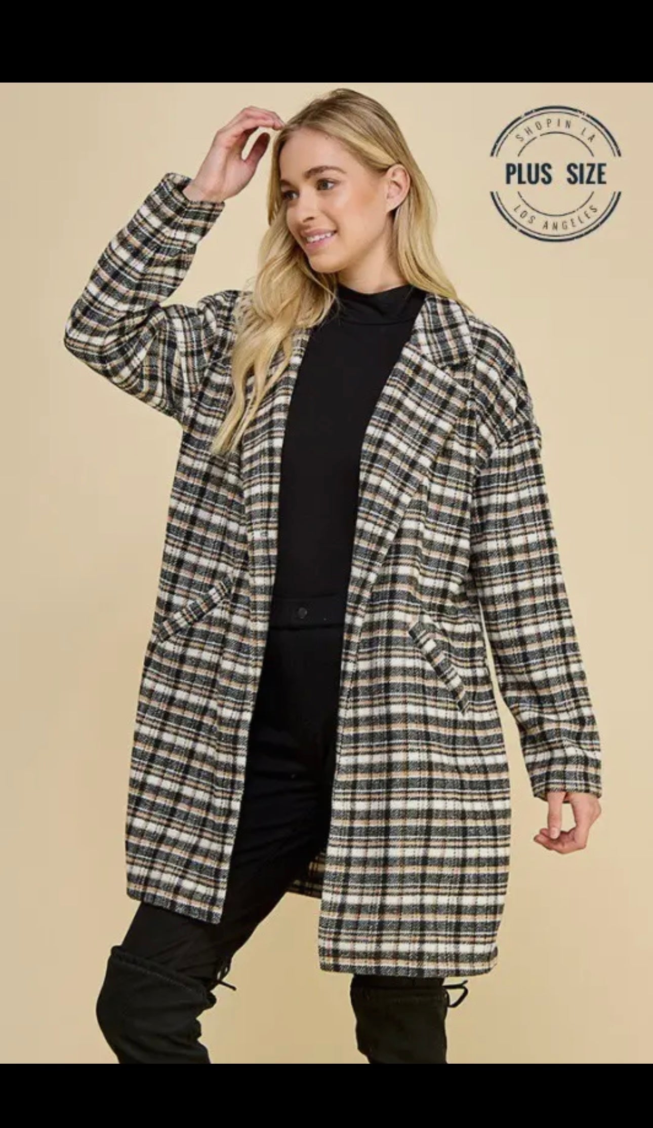 Plus check your pattern long sleeve open front knit coat