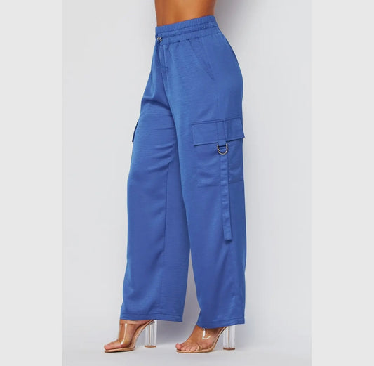 Blue satin cargo pants